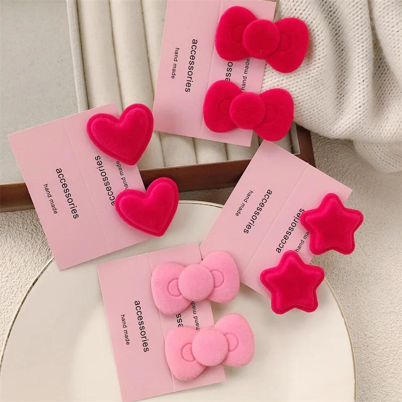 2pcs Sweet Velvet Bow Star Hairpin Women Girls Korean Style Love Heart Hair Clip Barrettes Side Clip Headwear Hair Accessories
