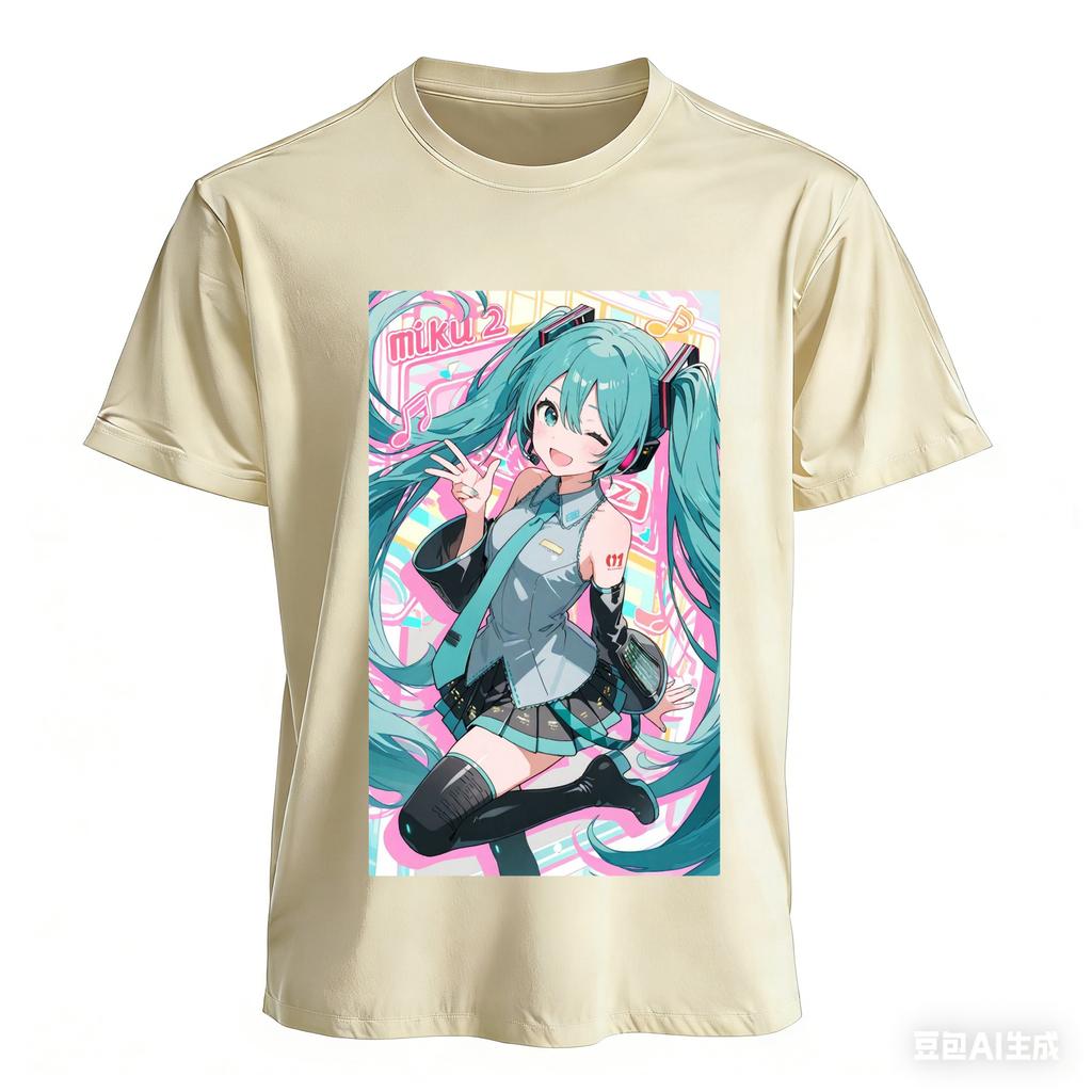 Summer New Animation Surrounding Pink Green Neon Hatsune Miku Sweet Cool Loose Breathable Cotton Tshirts For Unisex And Unisex