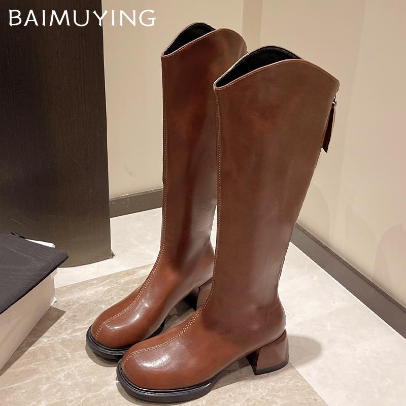 Winter Women High Boots Leather Mid Heels Shoes Knee High Chunky Motorcycle Boots 2024 Trend New Fashion Pumps Botas De Mujer