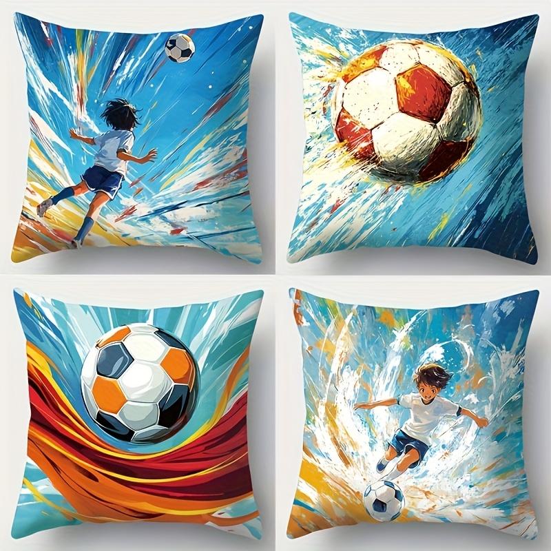 4Pcs Vibrant Soccer Kid Throw Pillow Covers, Dynamic Football Player & Ball Action Print Cushion Cases, Kids Sports Room Decor Peach skin 18*18(CM)-4Pcs