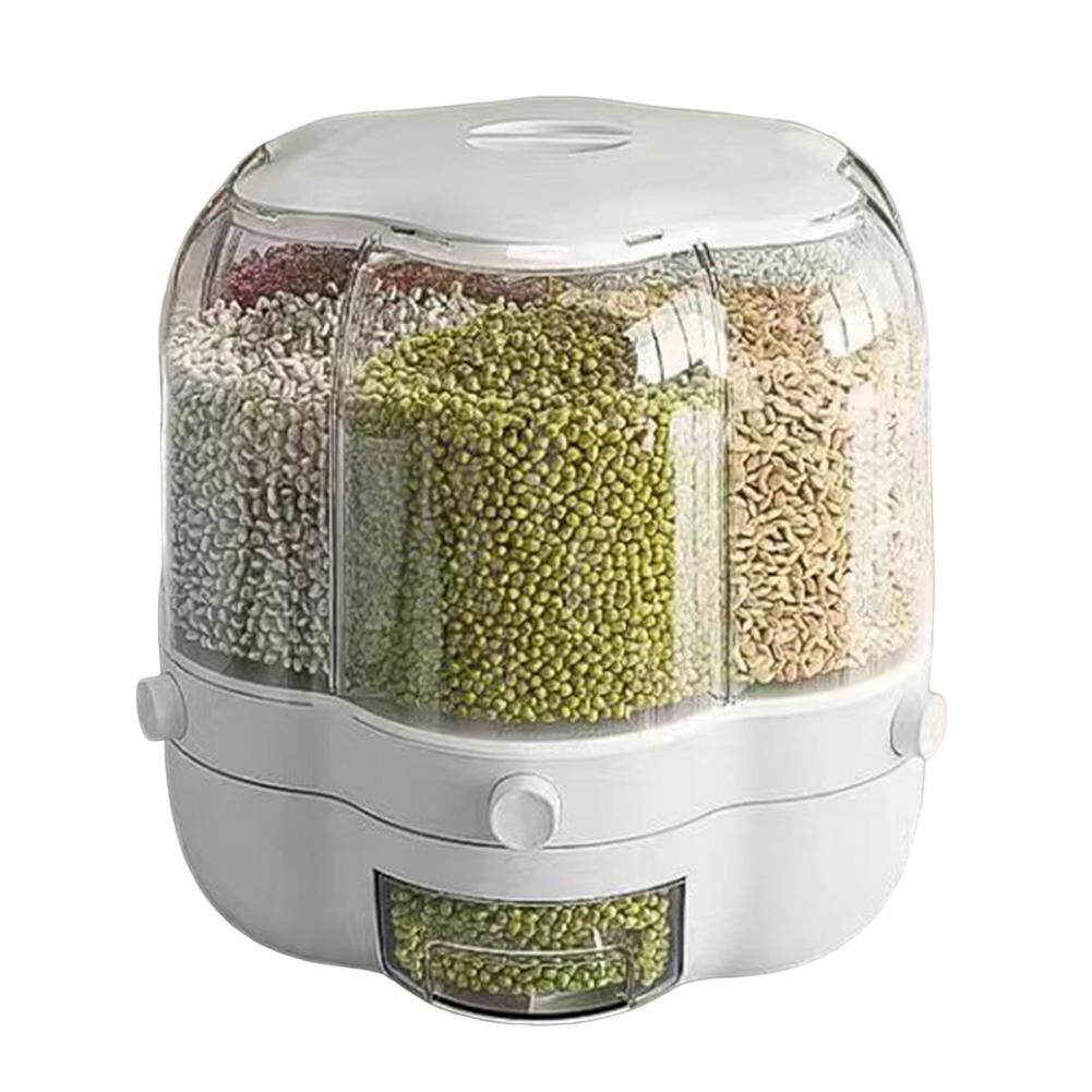 Rotating Grain Storage Bin Large Capacity 6 Grids Moisture-Proof Transparent Rice Distributor Beans Cereal Dispenser Bucket