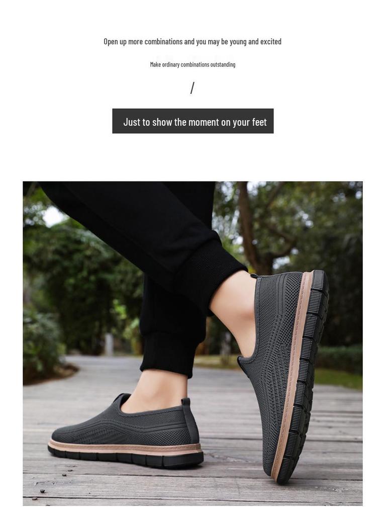 Men's Breathable Flyknit Slip-on Casual Shoes, Plus Size, Odor-Resistant Dad Style.