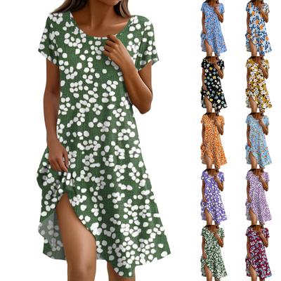 Women's Summer Short Sleeve Round Neck Floral Print Bohemian Dress With Pockets