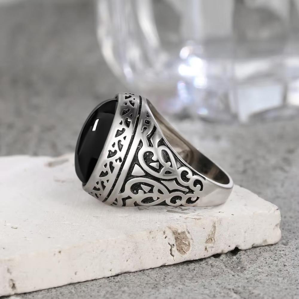 Rings Silver Men's Vintage 925 Sterling Silver with Oval Natural Balck Onyx Stone 10*14MM Large Stone Rings Fine Jewelry for Men
