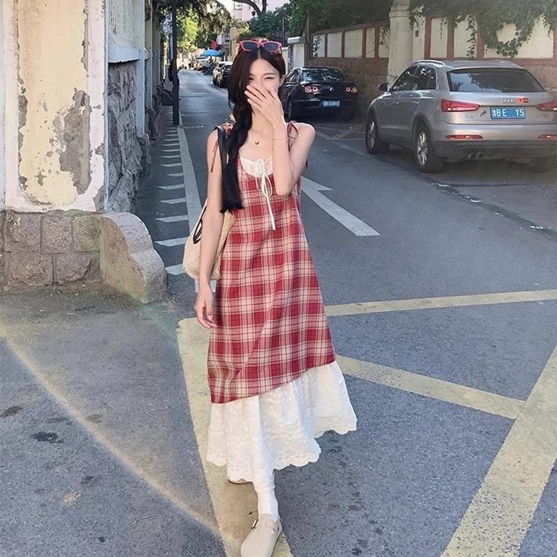 Summer New Gentle Wind Small Fresh Plaid Fake Two-piece Suspender Dress Women's Niche Design Loose Long Dress