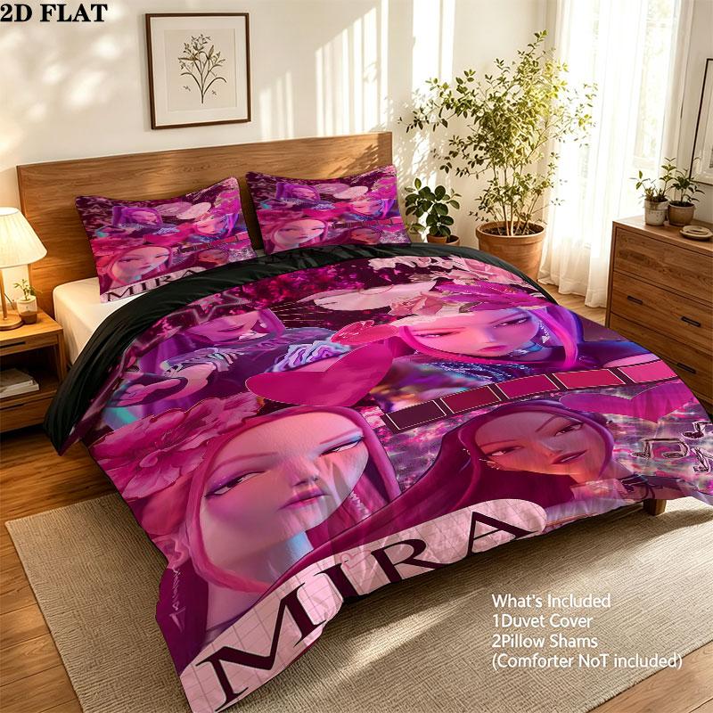 Ensemble de couette Kpop Demon Hunters Motif Housse de couette Taie d'oreiller Maison Cadeau d'anniversaire(1 housse de couette + 2 taies d'oreiller, sans garniture.)