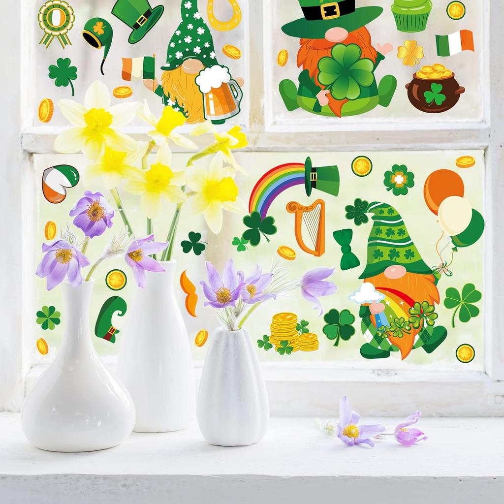 Whaline 18 Sheet Spring St. Patrick's Day Easter Window Clings Stickers Cute Gnome Window Decals Sunflower Bee Shamrock Easter Bunny Eggs Windows