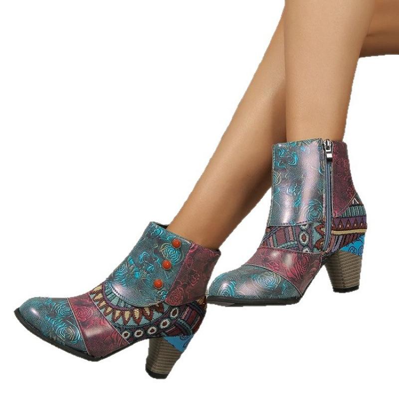 Autumn and winter new ethnic style color matching short boots printed thick heel retro handmade soft leather ankle boots