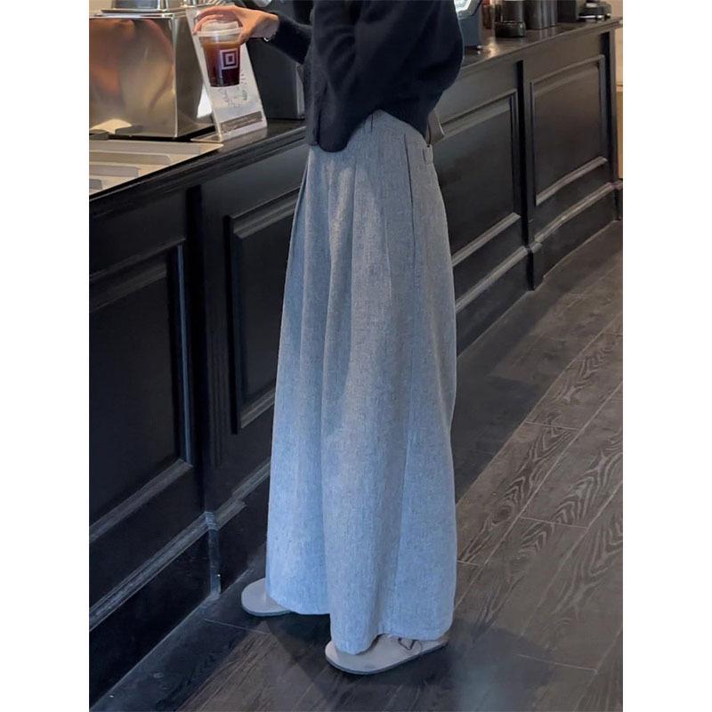 Korean Style Wide-Leg Pleated Wool Pants, Winter 2025 Versatile Women's Plus Velvet Straight Casual Trousers