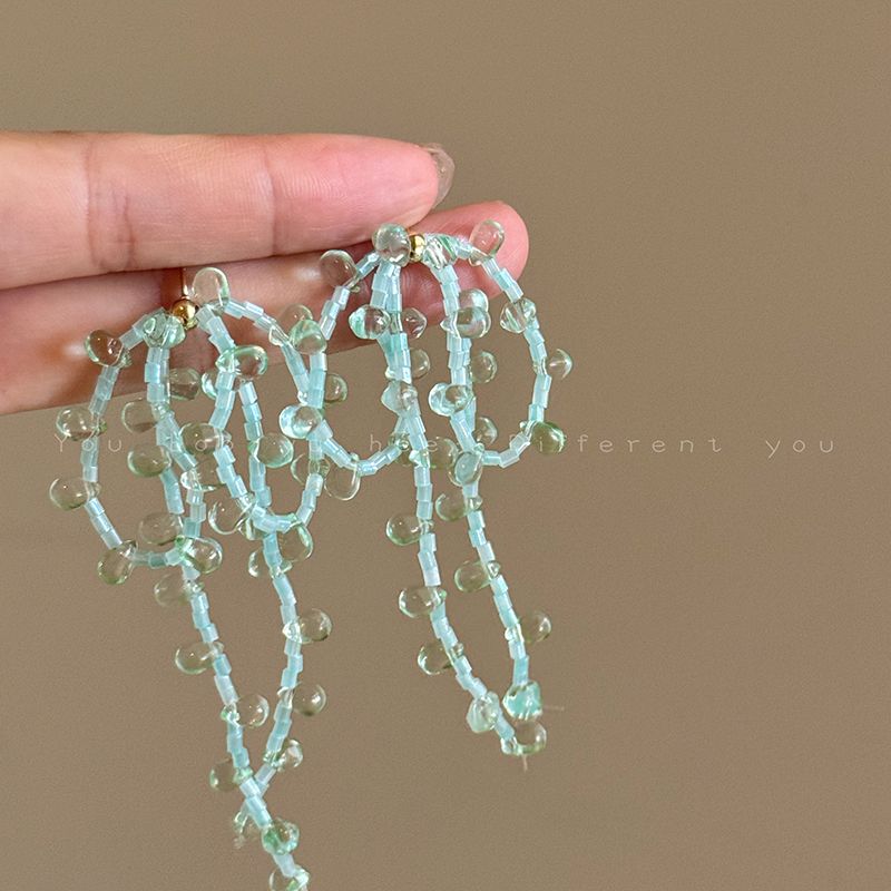 

Seaside Vacation Style Mint Green Crystal Tassel Beaded Earrings Women s Square round Face Suitable Long Exaggerated Ear Jewelry Mint Green Drop Beaded Earrings-Silver Pins