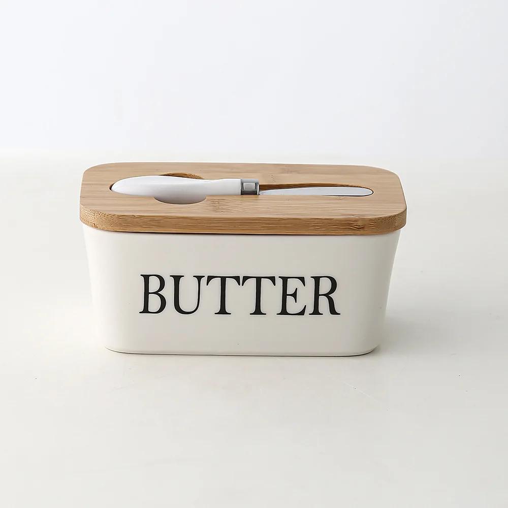 Ceramic Butter Box Butter Dish with Bamboo Lid and Knife Ceramic Butter Container with Lid for Countertop Butter Keeper Holder