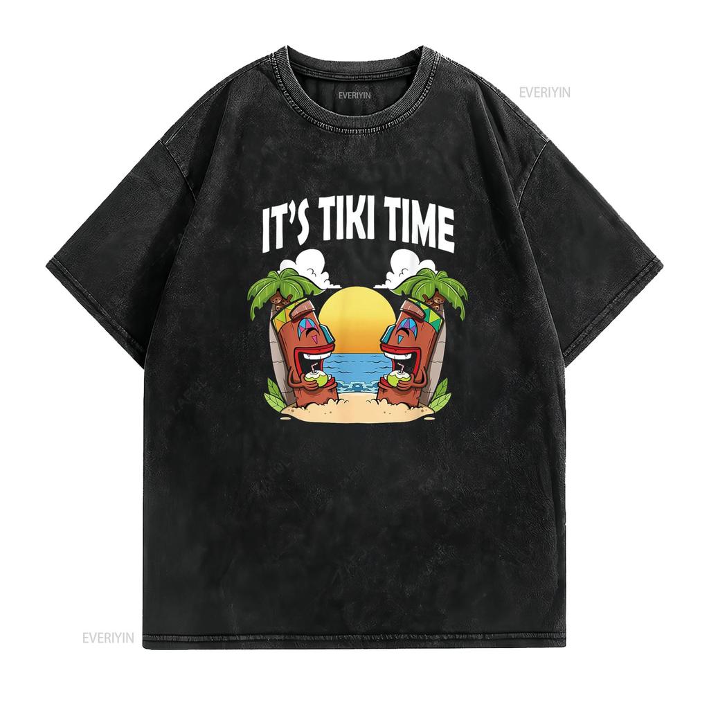 Tiki T Shirt Men Head It s Time Hawaiian Luau Women vintage Washed Unisex Breathable Stretched Slightly graphic Casual