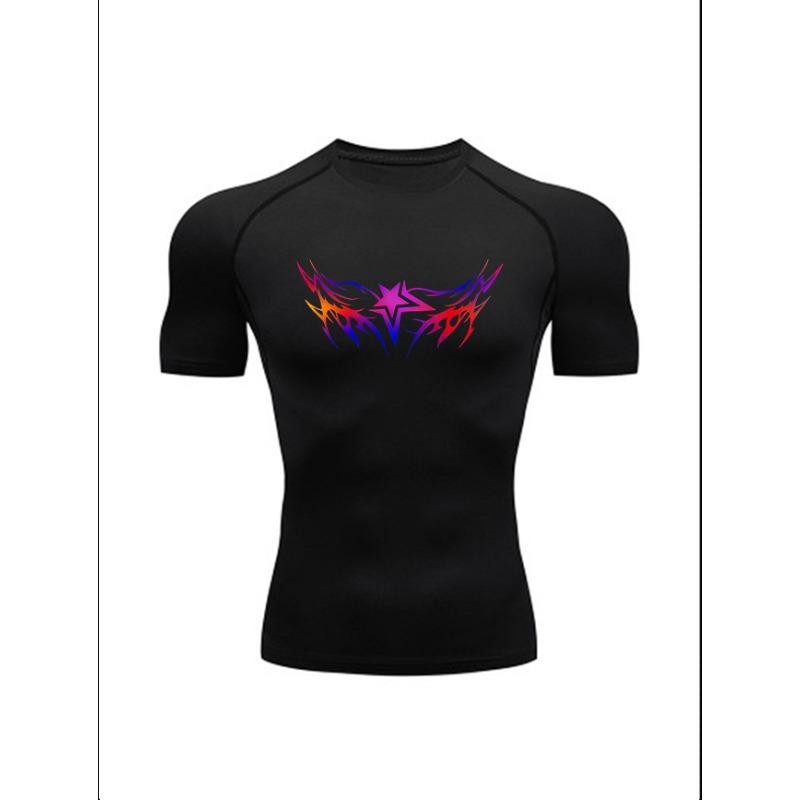 Men's Rainbow Gradient Tribal Star Compression T-Shirt Tattoo Style Quick Dry Gym Workout Athletic Top