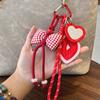 Red Gingham Bow Keychain with Heart Mirror And Lip Pendant Cute Sweet Style Bag/Key Decoration Accessory Braided Rope Material