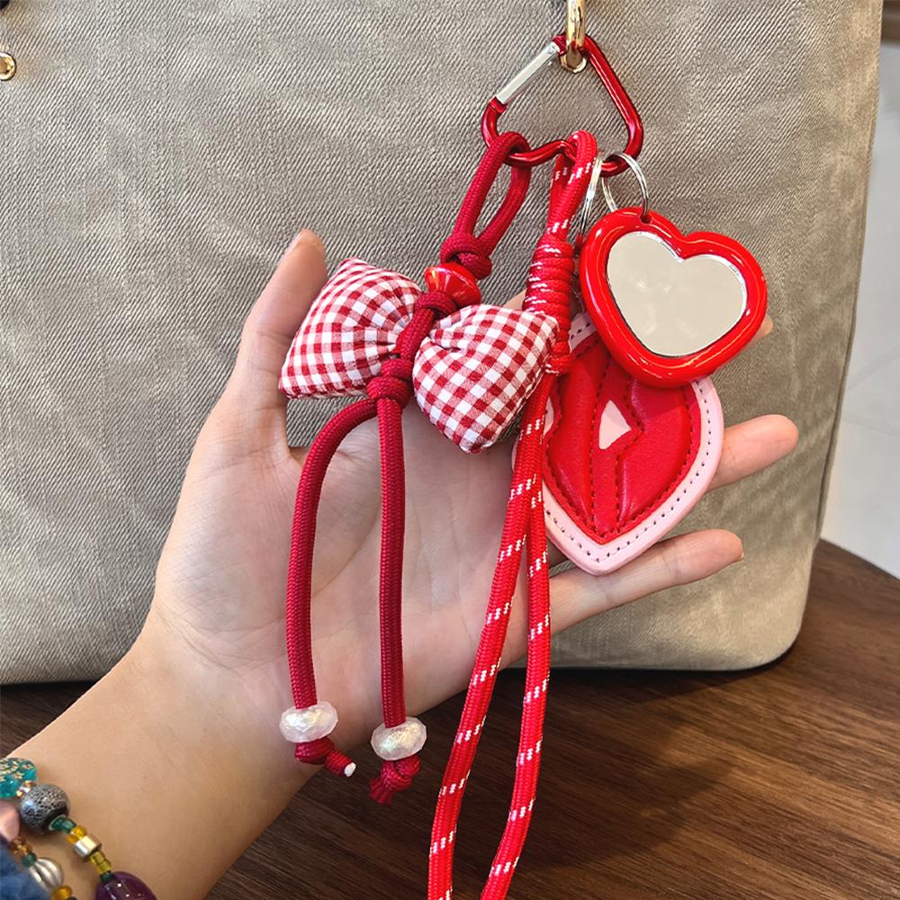 Red Gingham Bow Keychain with Heart Mirror And Lip Pendant Cute Sweet Style Bag/Key Decoration Accessory Braided Rope Material