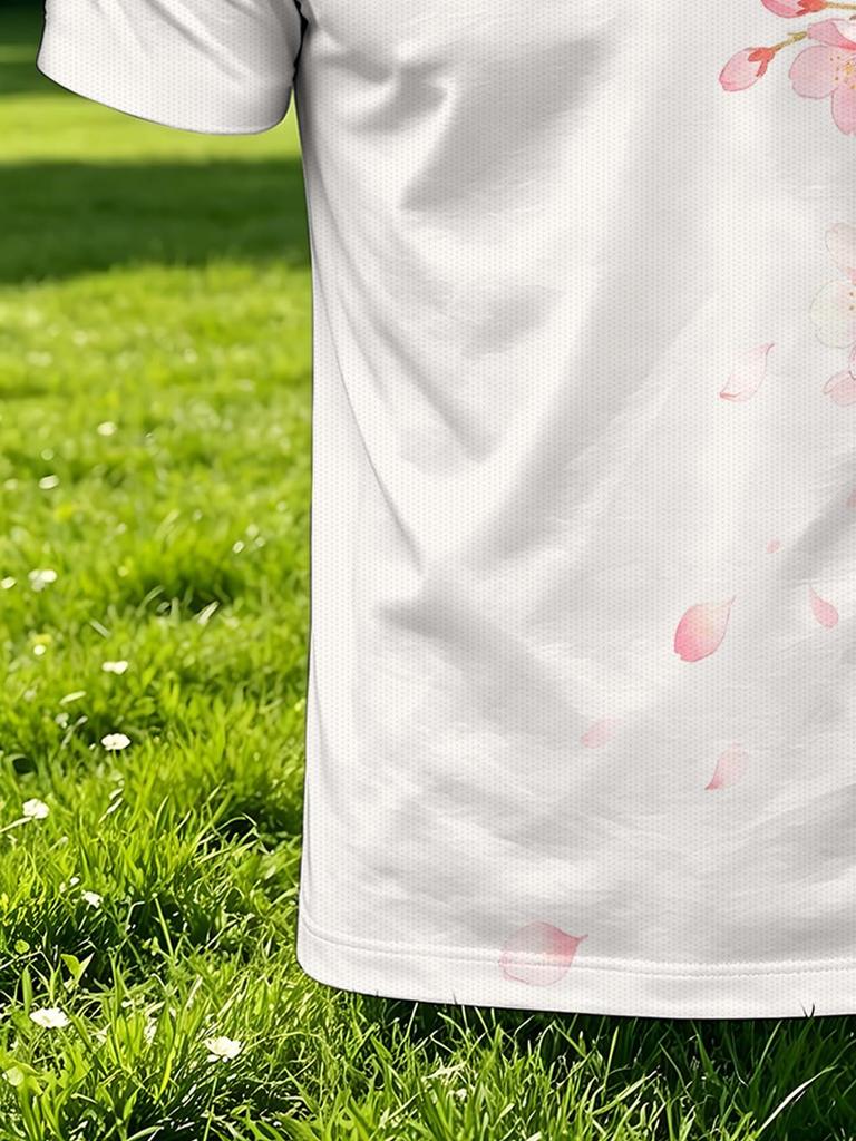 Men'S Outdoor Polo Shirt, Multi-Size Available, Side Sakura Branch Print with Petal Falling Detail, Men'S Top Suitable for Hiking And Casual Outdoor