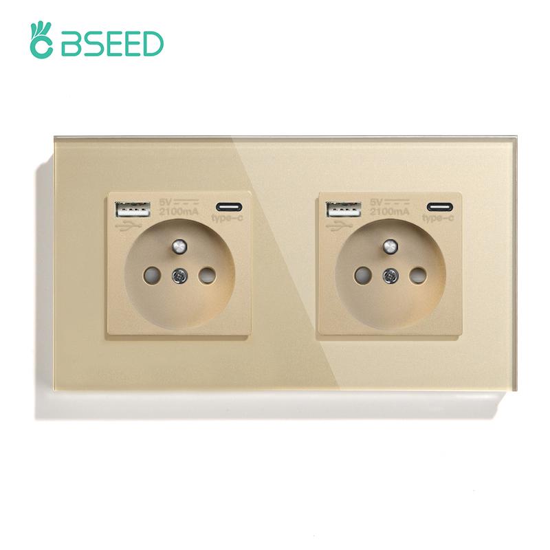 BSEED Single French Wall Socket Double Power Sockets Triple Electric Sockets With Type-c Double USB Charing Ports  Glass Frame