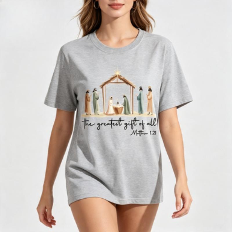 Christmas Unisex Cotton T Shirt Watercolor Nativity Scene The Greatest Gift Of All Matthew Verse Graphic Casual Loose Tops