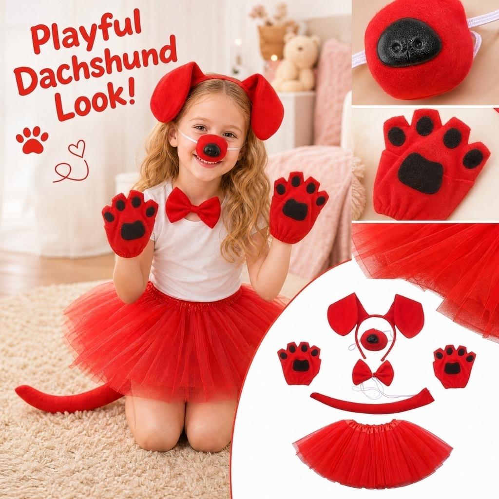 Dog Costume Accessory Set - Headband, Nose, Tie, Tail, Gloves, Skirt