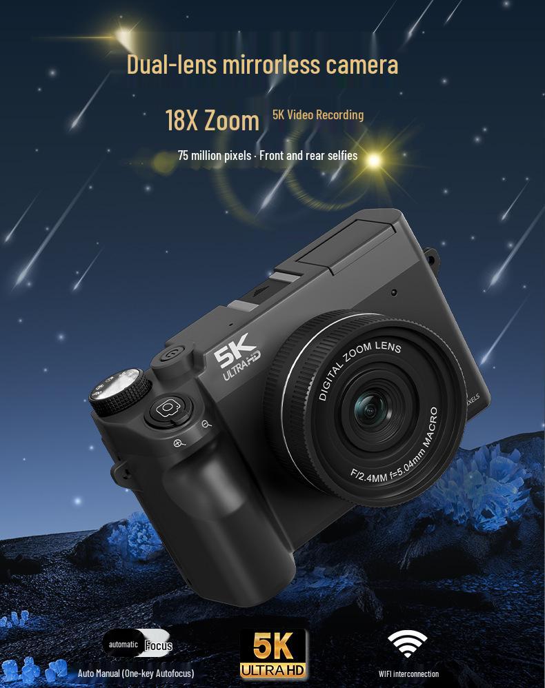 5K HD Mirrorless Digital Camera with Flip Screen, 18x Zoom, WiFi, Selfie, and Beauty Mode.