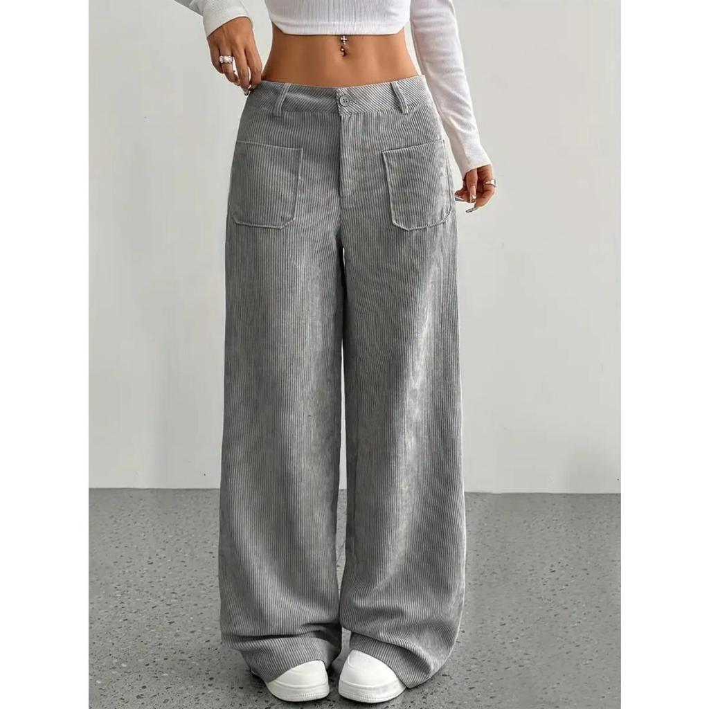 Corduroy-Textured Women's High-Waisted Wide-Leg Pants | Relaxed Fit, Side Pockets & All-Season Comfort, Machine Washable Beige Trousers