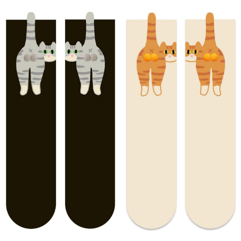 1/2Pair Cartoon Cute Cat Balls Cotton Socks Kawaii Lolita Knitting Socks Women Girls Middle Tube Sock Cat Butt Print Couple Sock