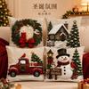 3D Christmas Snow Scene Pillow Cover With Wooden Cabin Red Truck Snowman Wreath Short Plush Square Decorative Cushion Case