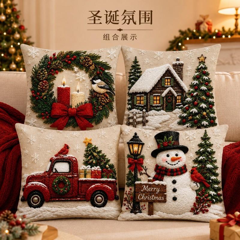 3D Christmas Snow Scene Pillow Cover With Wooden Cabin Red Truck Snowman Wreath Short Plush Square Decorative Cushion Case