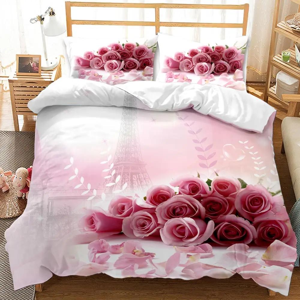 Rose Duvet Cover Set Pink Rose Pattern Bedding Set Blossom Flower Theme Comforter Set Girls Women Elegant Polyester Bedding Set