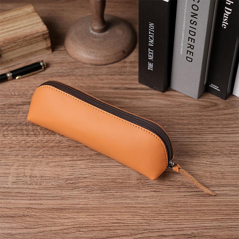 Genuine Leather Multifunctional Pencil Case Stationery Box with Zipper—Portable for Students, Holds 2B Pencils & Glasses