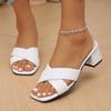 Summer new one-word woven cross-strap wear high heels large size thick heel cool slippers women