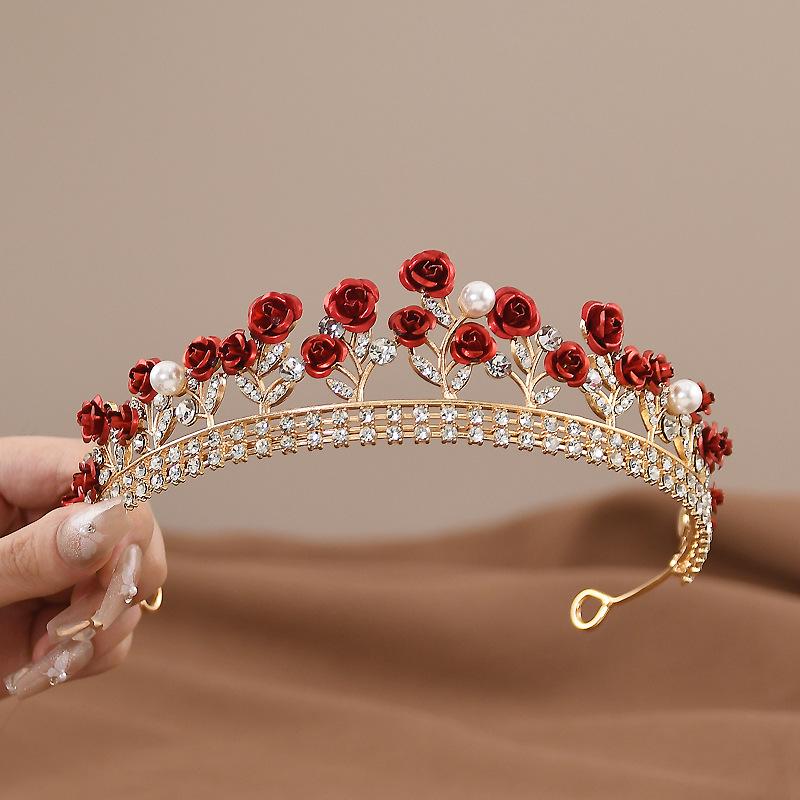 Baroque Red Rose Bridal Crown - Elegant Wedding Hair Accessory