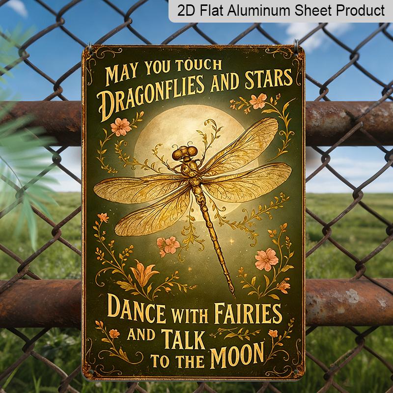 

2D Flat May You Touch Dragonflies and Stars Fairy Moon Metal Aluminum Sign - Retro Boho Wall Decor 8*12 Inch Garden Decor Patio Decor Boho Home 20*30cm