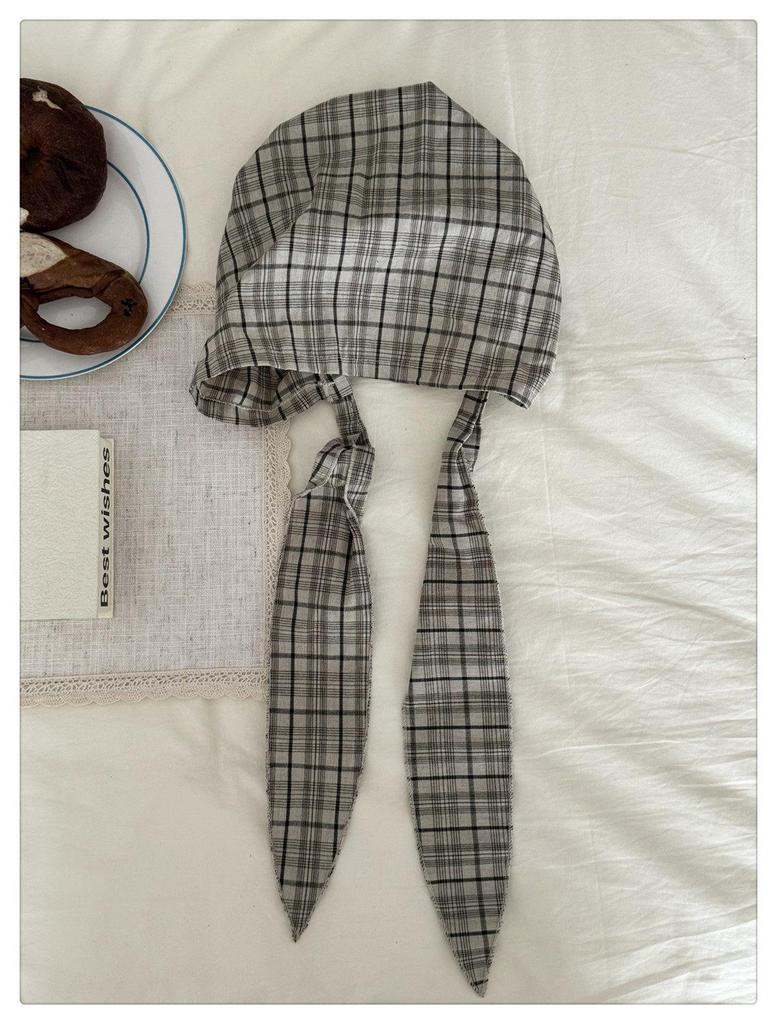 Japanese Plaid Tie-Up Headband Beanie for Women: Spring/Summer Fashionable Versatile Design