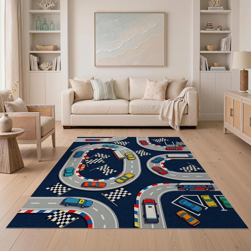 Kids Race Car Track Play Area Rug Educational City Road Map Carpet Soft Non-Slip Boys Bedroom Playroom Home Decor Floor Mat