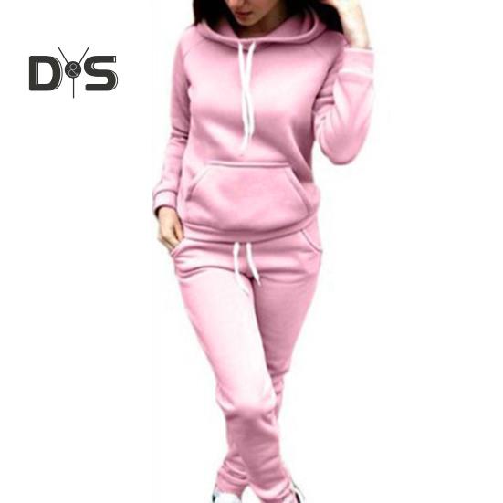 2 Pcs/Set Women Hoodie Pants Suit Solid Color Plush Long Sleeves Thick Top Elastic Waist Ankle-banded Trousers Sport Fitness Outfit Fall Winter