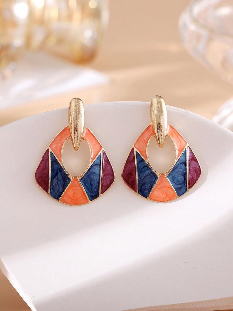 1 pár retro bohémských geometrických náušnic se zlatým smaltem, vhodné pro dámské dovolenkové šperky, retro módní design, jasné barvy