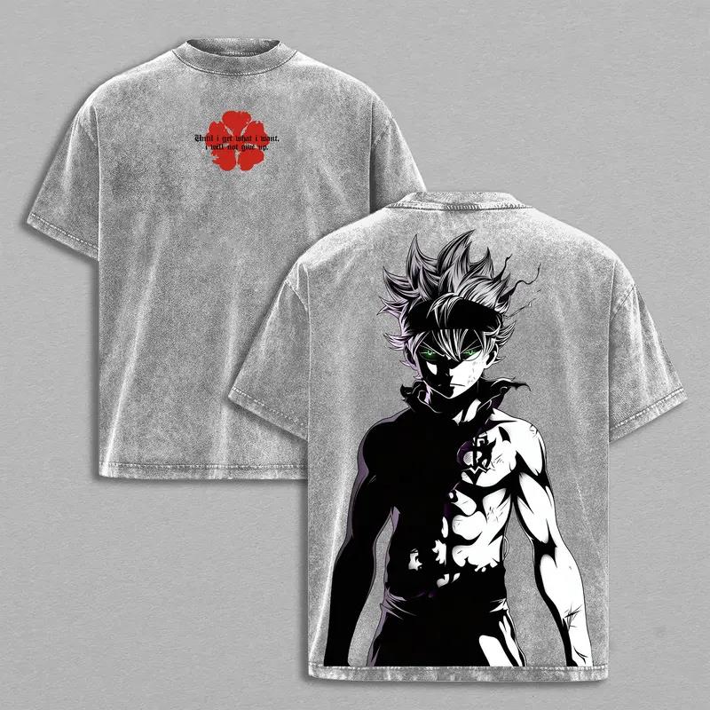 Black Clover Asta Graphic T-shirt Manga Print Vintage Washed Oversized T Shirt Men Women Clothing Cotton Short Sleeve Tee Top