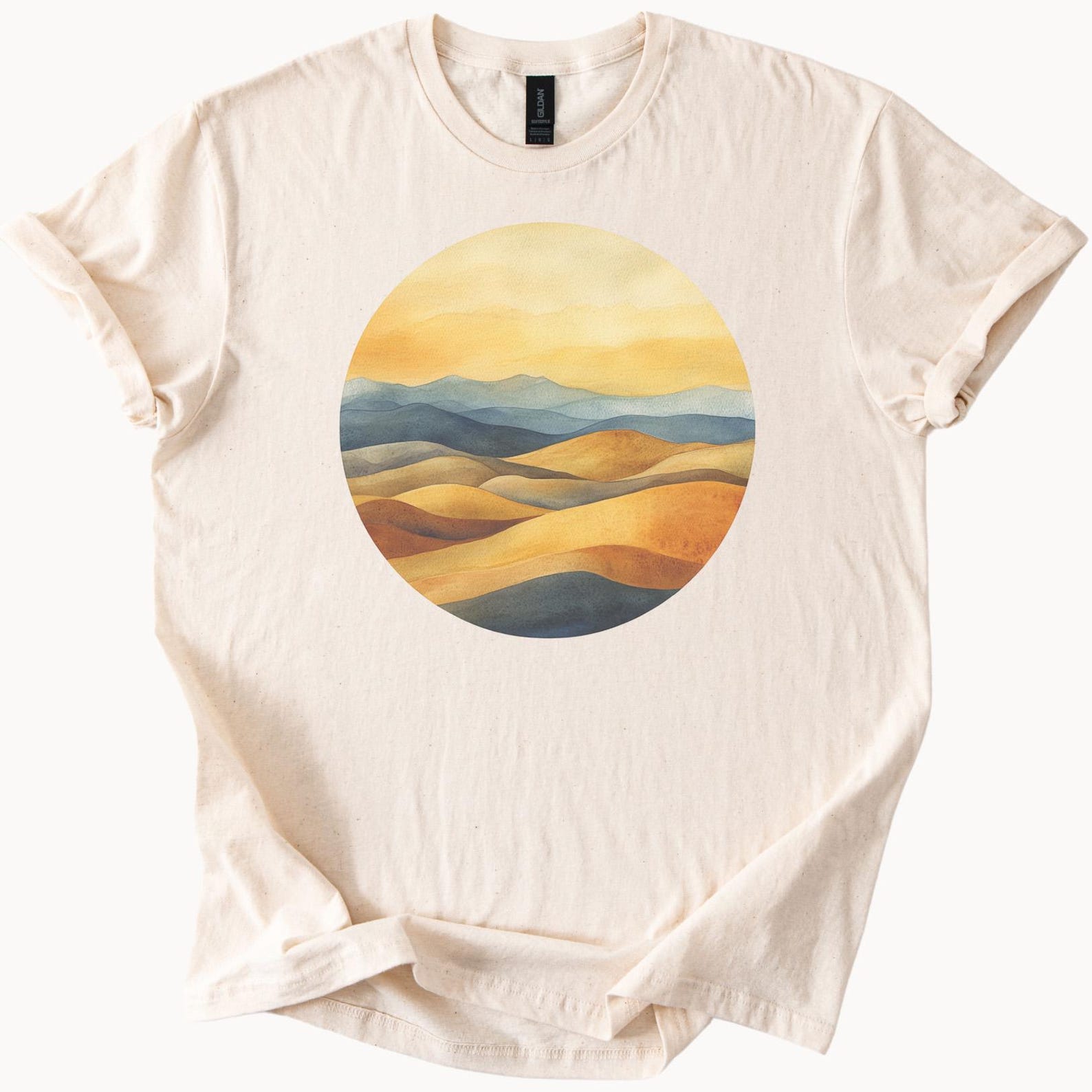 Desert Landscape Graphic Tee Watercolor Mountain Sunset Shirt Nature Art T Shirt Soft Earth Tone Scenic Hills Apparel Gift 150