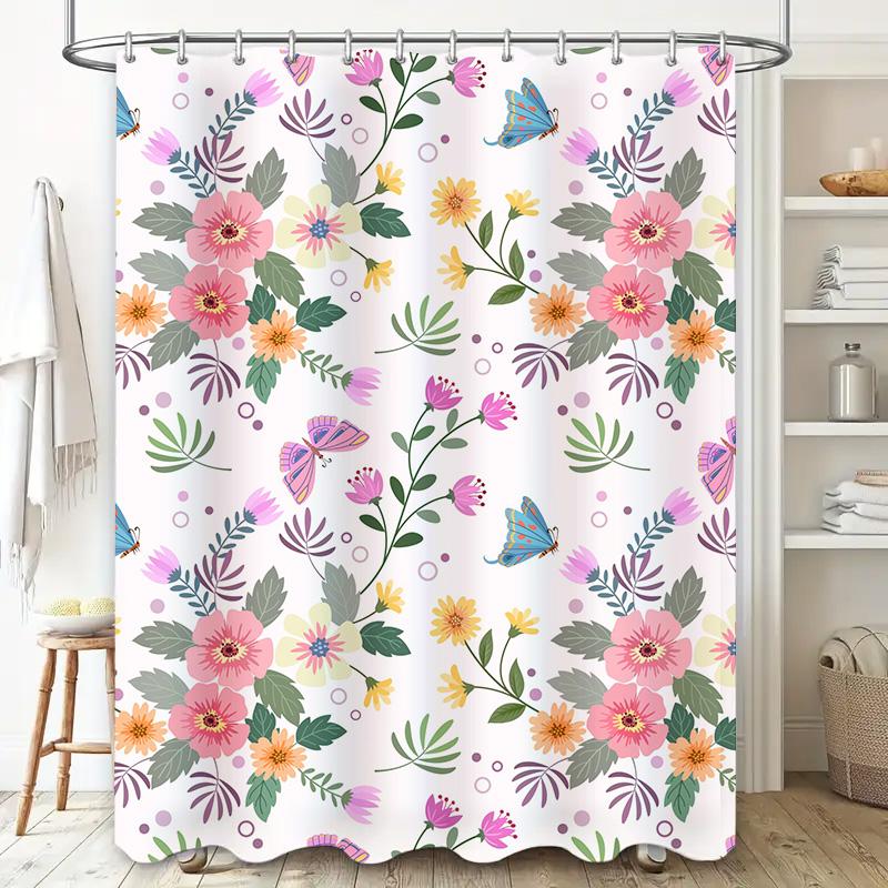 Vibrant Bathroom Shower CurtainPink Yellow Floral Design with Butterflies Waterproof Fabric for Home Decor in Bathrooms