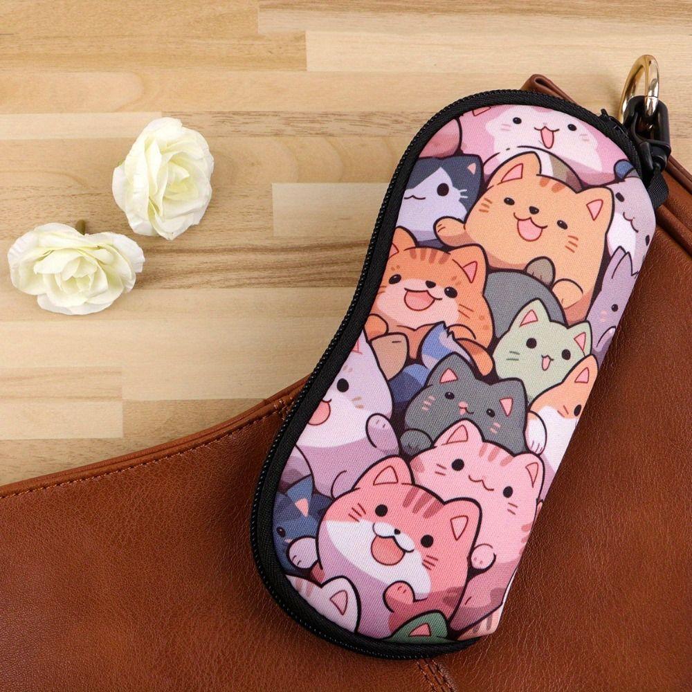 Nylon Sunglasses Storage Bag with Keyring Cat Pattern Sunglasses Pouch Solid Color Durable SunGlasses Holder Eyewear Accessories