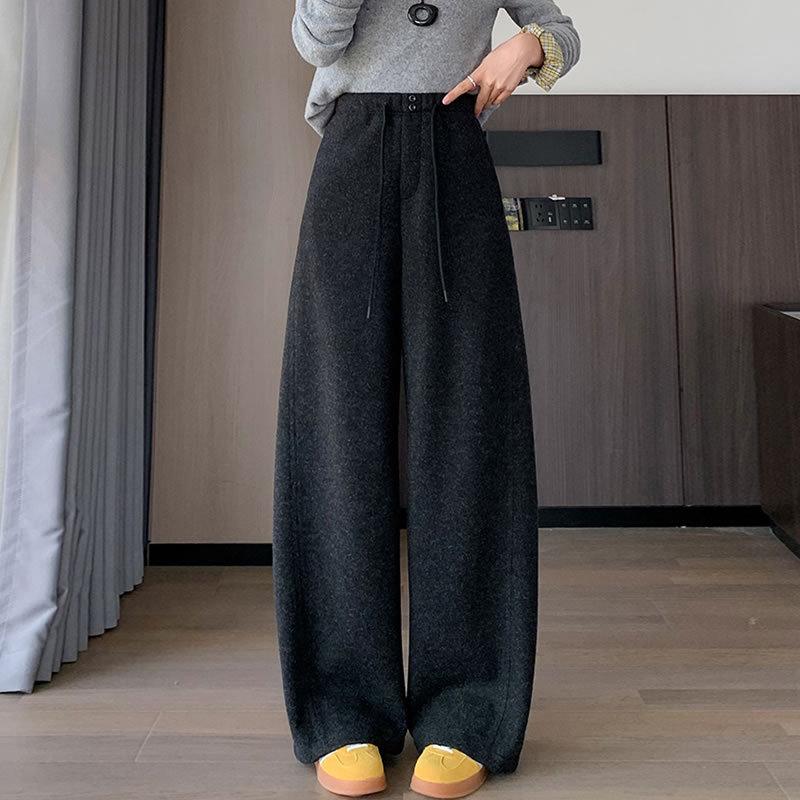 Xin Xin Women's Plus Velvet Thick Woolen Curved Leg Trousers - Loose, Straight, Wide-Leg for Autumn Winter 2025