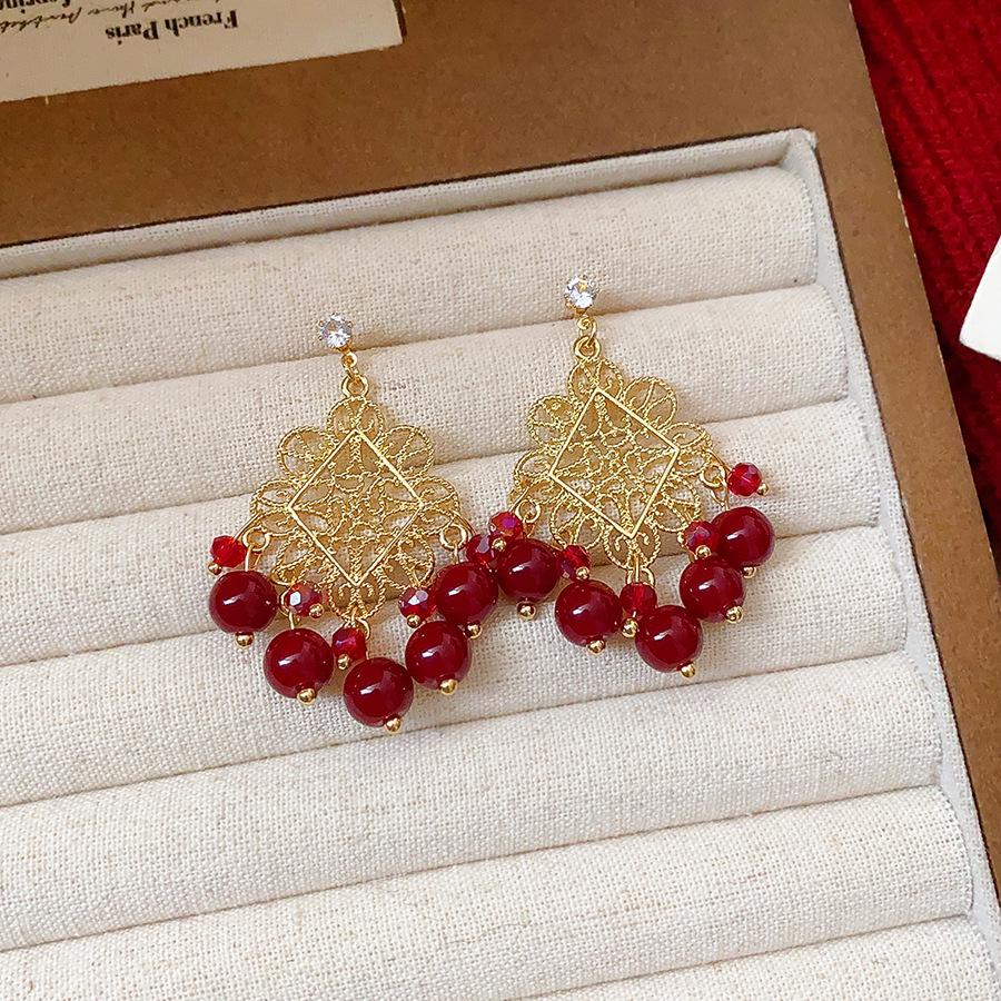 Silberne Nadel Tropfenöl Rote Perlen Ohrstecker - Eleganter & Vielseitiger Schmuck für Damen