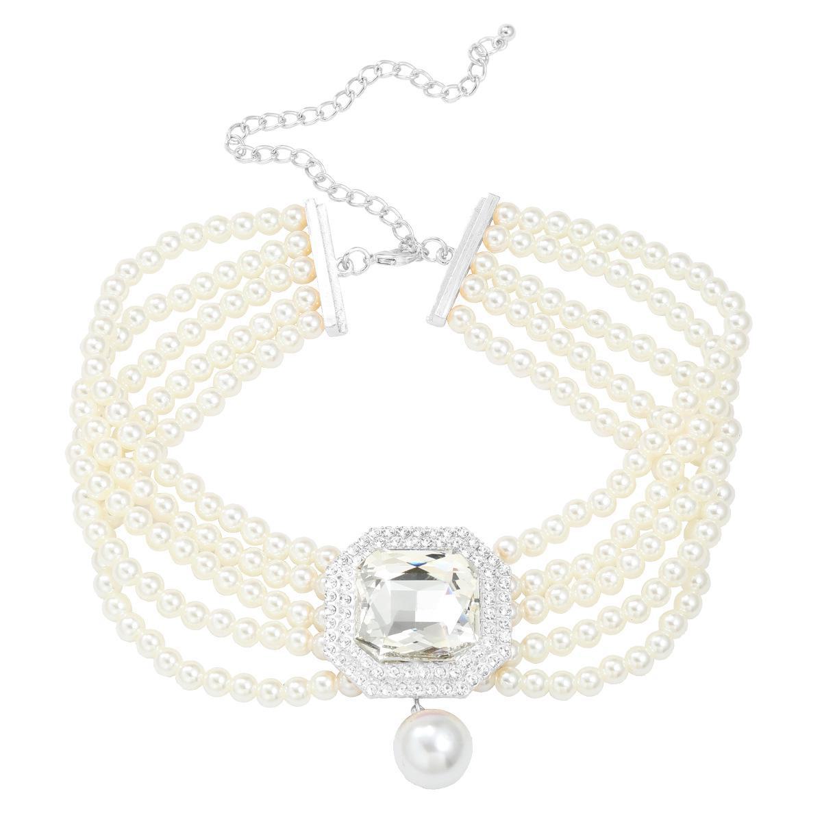 

Европейское и американское многослойное ожерелье с имитацией жемчуга и стеклянной подвеской для женщин - свадебный и банкетный аксессуар серебряный