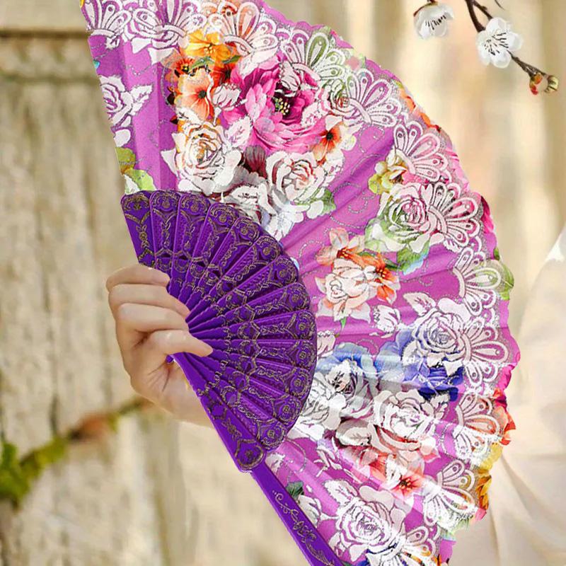 1PC Silk Fan Decoration Fans Floral Pattern Dance Tassel Vintage Folding Fan Hand Fan
