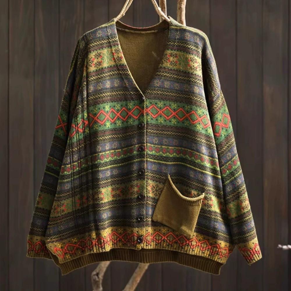Johnature Women Vintage Sweaters Striped Print Floral Spring Chinese Style V-Neck Long Sleeve Knitted Sweaters