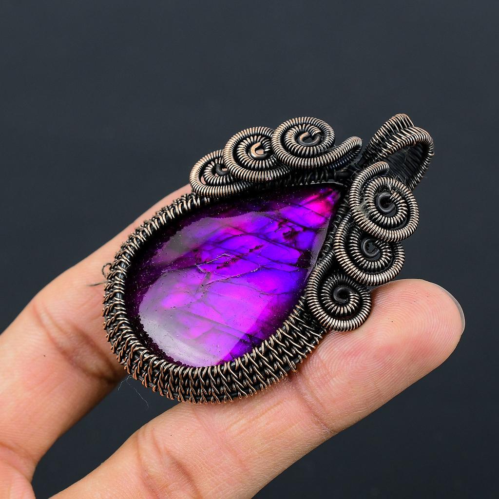 Rosa Labradorit Handgefertigter Kupferdraht Wickelanhänger Schmuck 2,64" T9L69