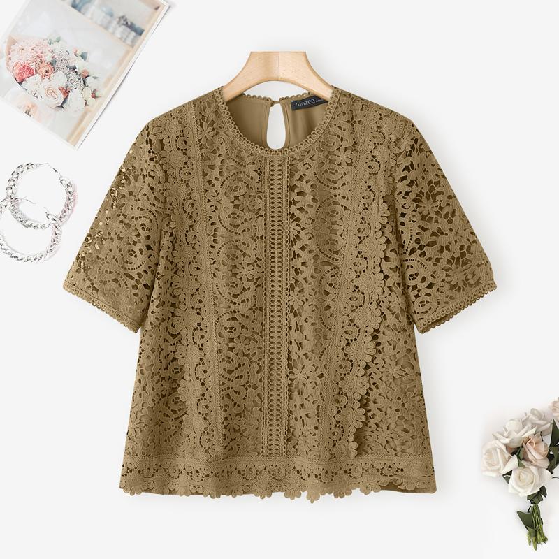 

ZANZEA Женская повседневная блузка с круглым вырезом, короткими рукавами, вышивкой, кружевной отделкой и лоскутным дизайном 5XL хаки
