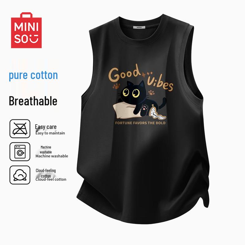 MINISO Men s Loose Breathable Sleeveless Tank Top with Playful Cat Print M