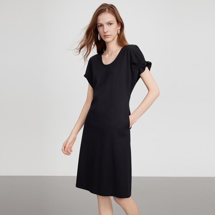 ELLE Elegant Minimalist High-Quality Round Neck Cotton A-Line Long Dress Short Sleeve Dress Women Dresses L8SLS143